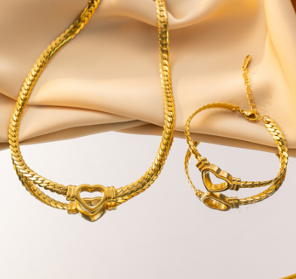 Gold-Plated Heart Cuban Chain Jewelry Set